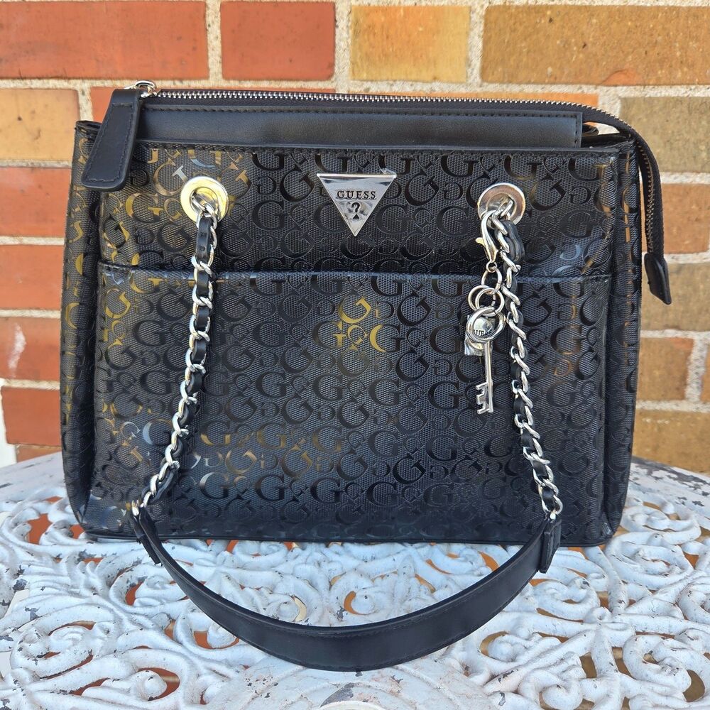 GUESS Black Debossed Monogram Satchel Bag Silver Chain Key Charm Y2K